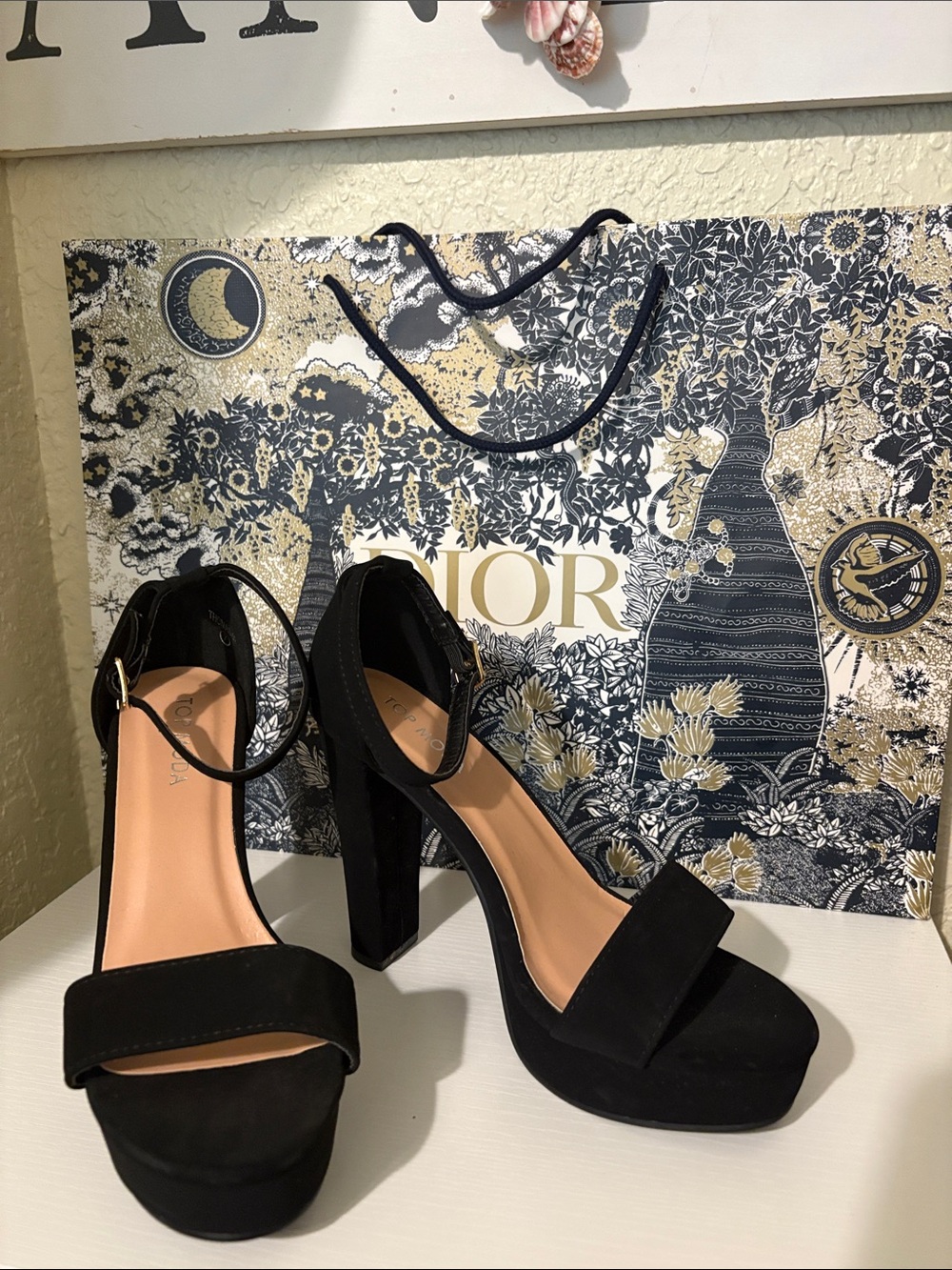 TOP Moda Black Suede Platform Block Heel Sandals with Ankle Strap